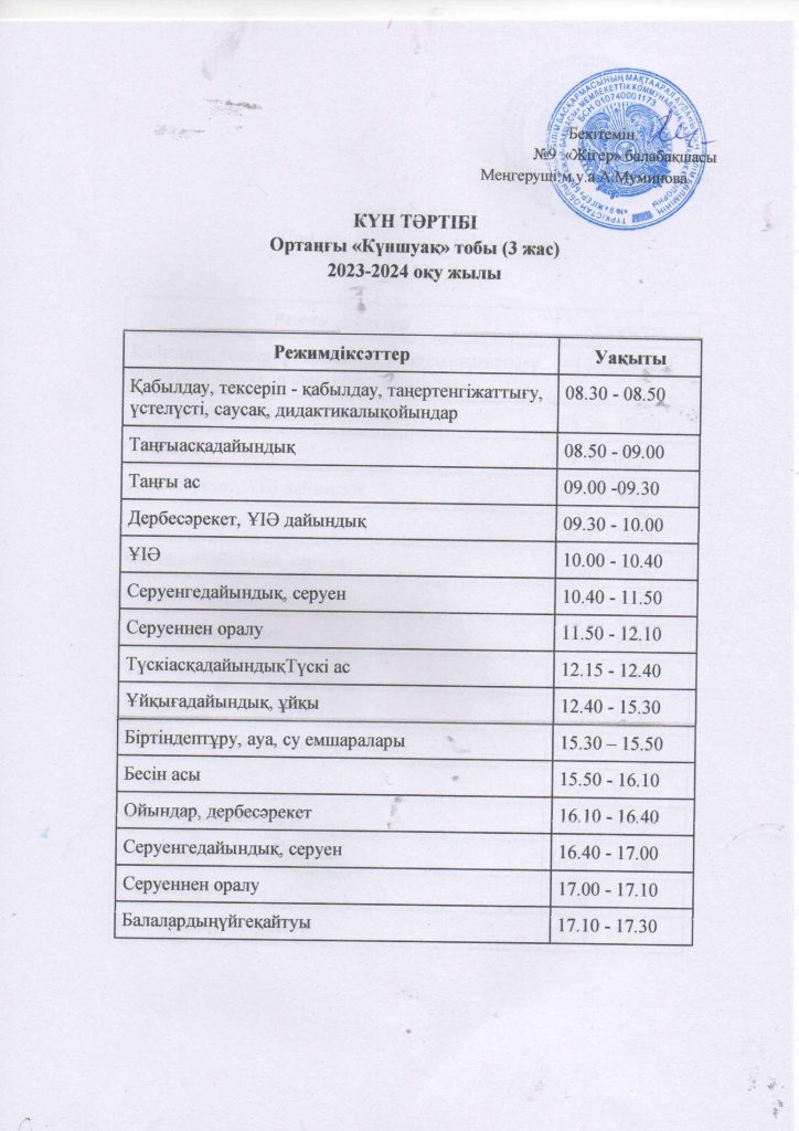 КҮН ТӘРТІБІ, ОҚУ ІС-ӘРЕКЕТ КЕСТЕСІ — №9 "Жігер" бөбекжай-бақшасы ...